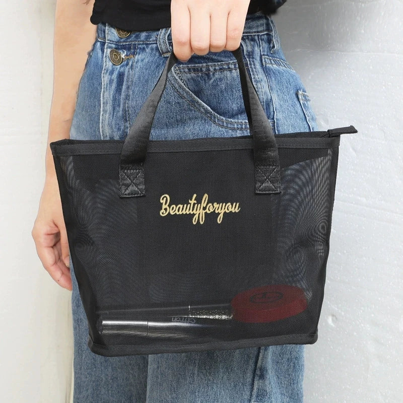 2pcs/set Chic Large Capacity Mesh Wash Bag Portable Travel Cosmetics Storage Bag Outdoor Beach Bath Tote Bag with Clutches Pouch