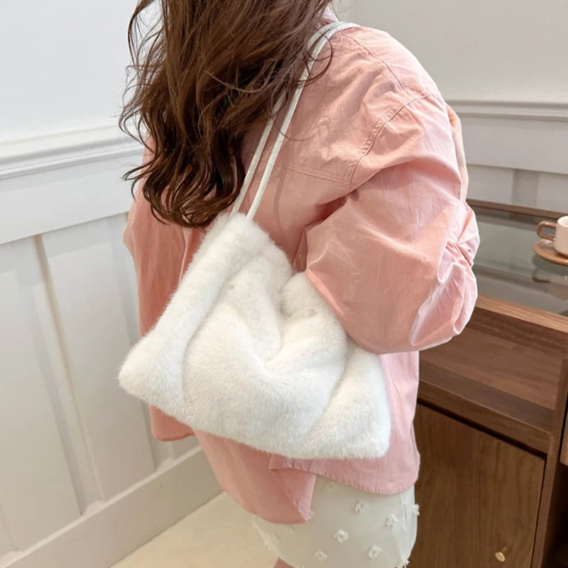 Women Fluffy Shoulder Bag Top-handle Bag New Fashion Female Autumn Winter Handbag Soft Plush Versatile Shopping Tote
