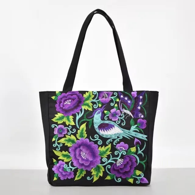 Ethnic Style Embroidery Shoulder Bag Large Capacity Literary Canvas Bag Retro Peony Tote Shopping Bag