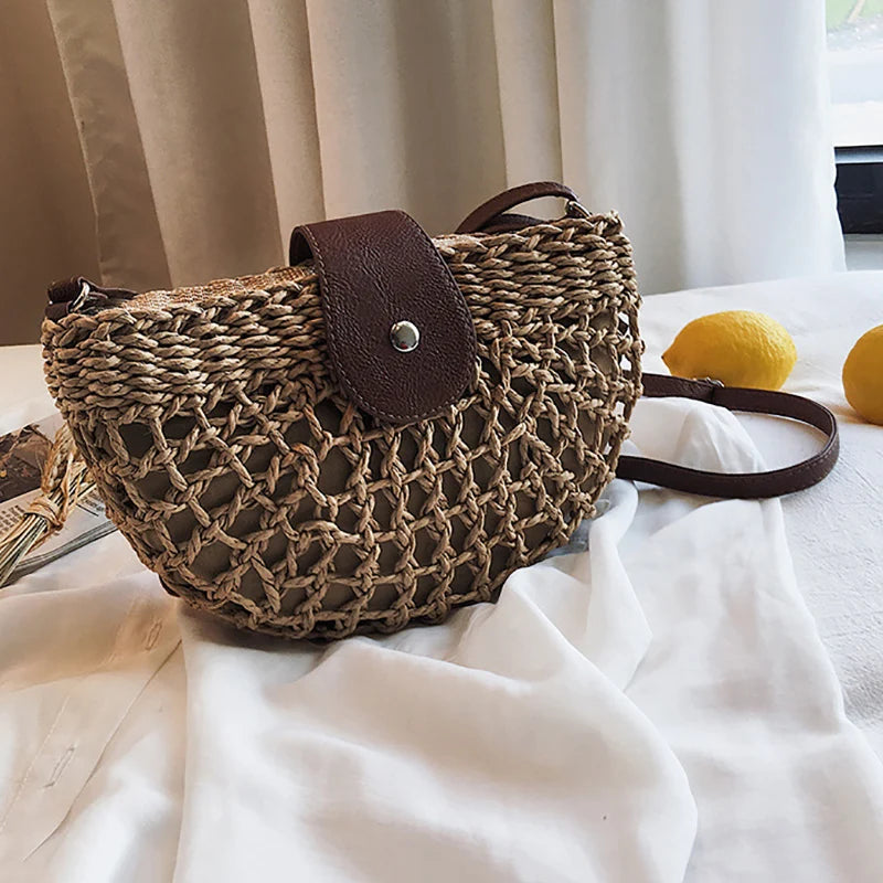 Summer Fashion Handmade Straw Shoulder Bags for Women Hollow Out Crossbody Bag Pouch Female Half Round Purse Vintage Handbags