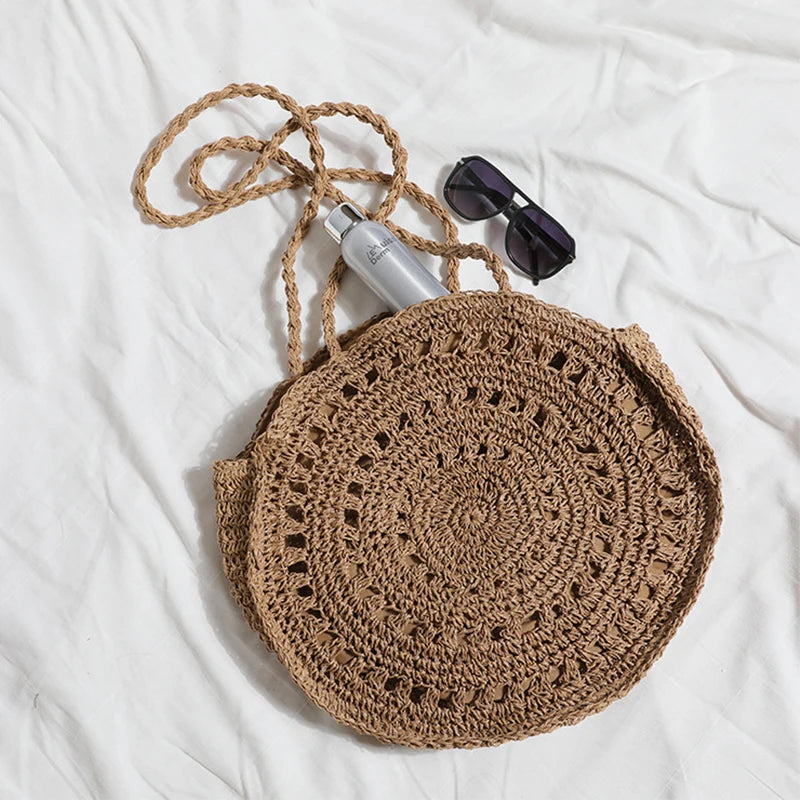 Summer Round Straw Bag Women Woven Rattan Beach Bag Hot New Shoulder Bag Circle Hollow Out Handle Bag Casual Shopper Tote Pouch