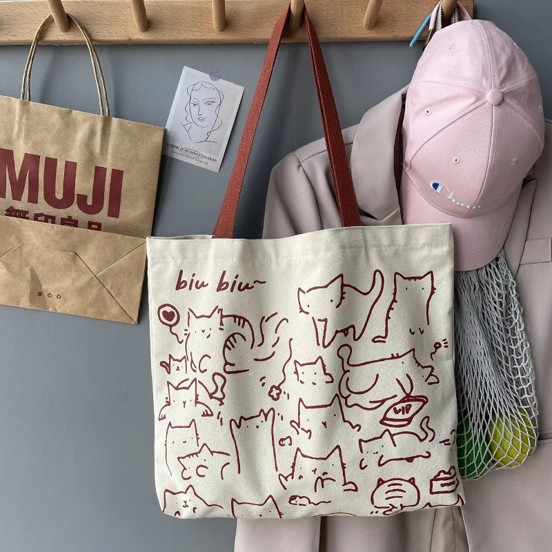 Art Design Cute Animals Printed Handbag Shoulder Bag, Literary Retro Canvas Tote Bags for Women Daily Use Work, Shopping School
