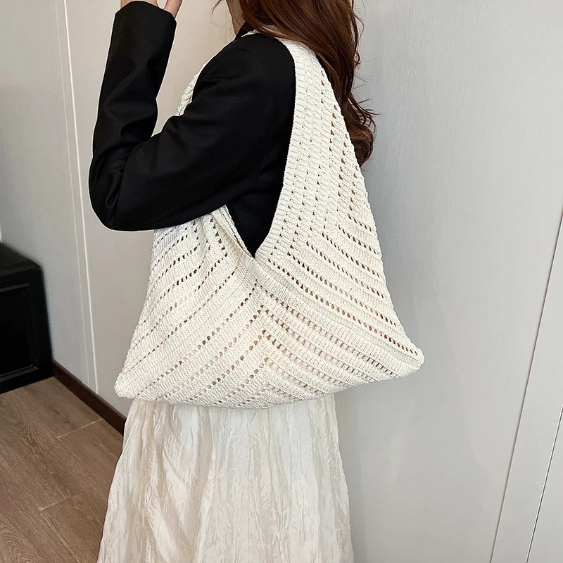 Brand Women Tote Knitting Handbag Triangle Design Woven Beach Bag Lightweight Elegant Portable Shoulder Bag Purse