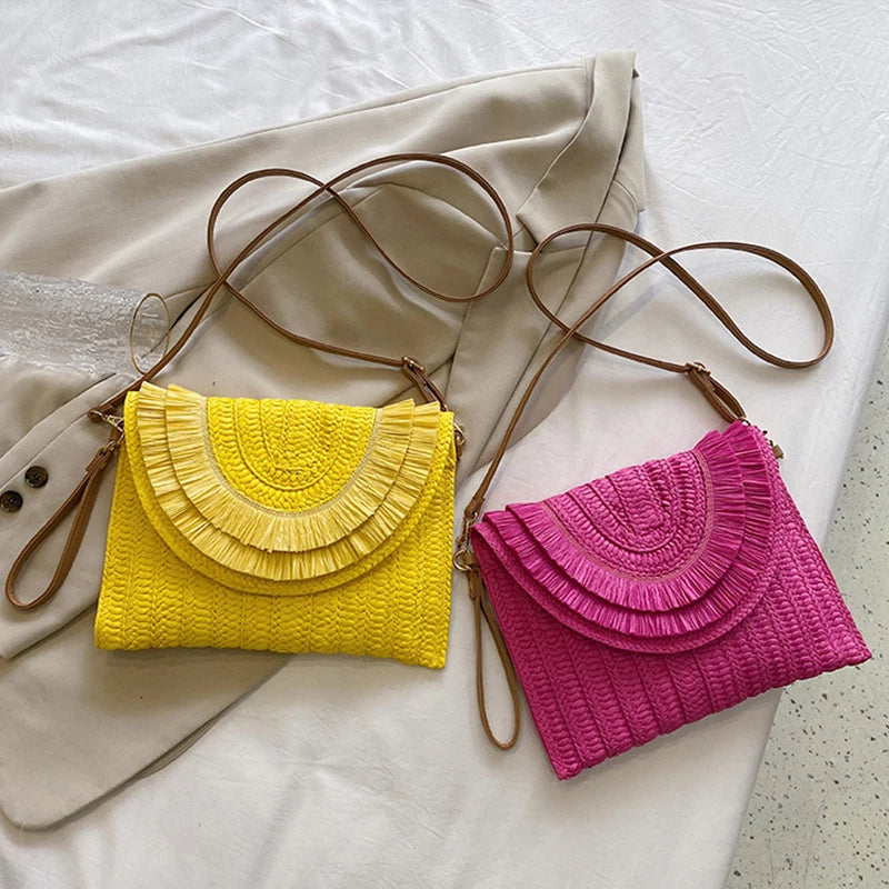 Raffia Straw Weaven Bags Fashion Ladies Wrist Clutches Summer Women Shoulder Crossbody Bags Handmade Handbags Purse Beach Bag