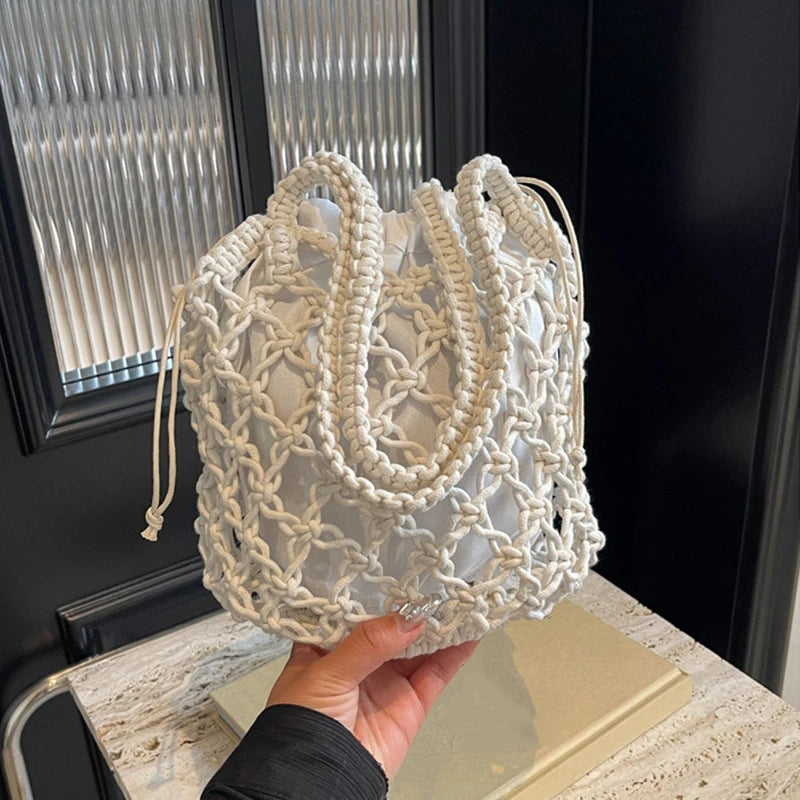 Ladies Summer Bucket Shoulder Bag Phone Purse Handmade Hollow Out Cotton Rope Crochet Bag Small Handbag For Women
