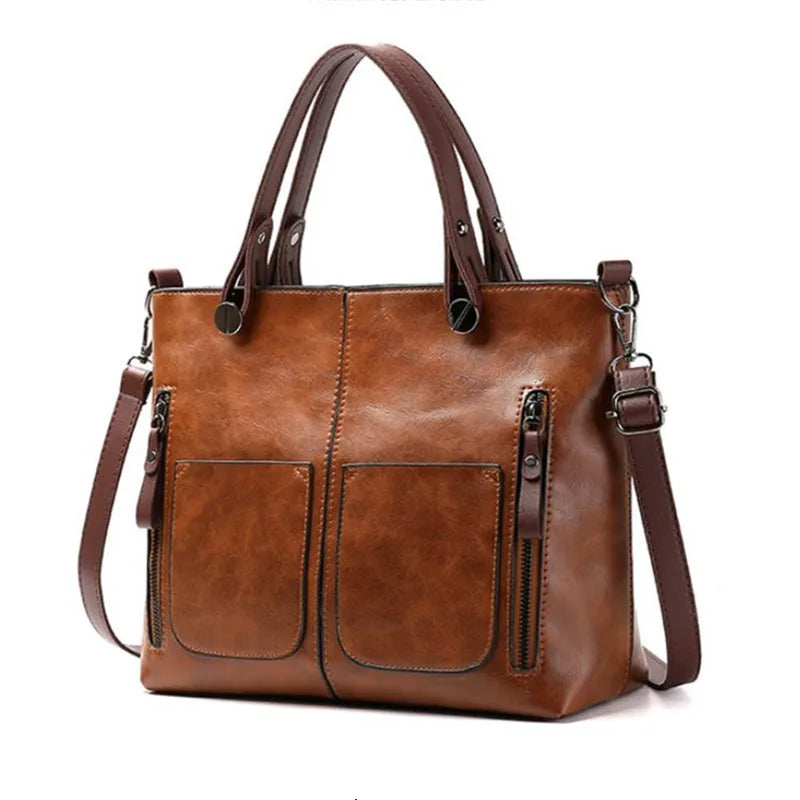 Retro Leather Handbag Shoulder Bag for Women with Double Pocket, Large Capacity, Vintage Lady's Tote Bag, Simple Crossbody Bags