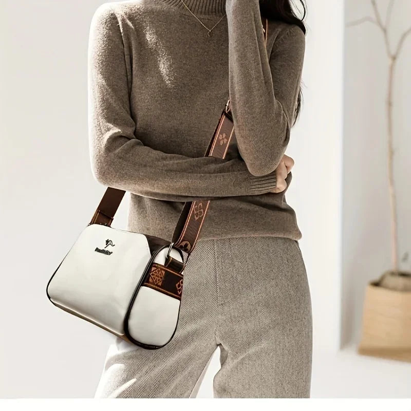 Retro Double Sided Leather Women's Crossbody Bag Water-Resistant Pillow Shaped Shoulder Bag with Adjustable Strap Zipper Closure