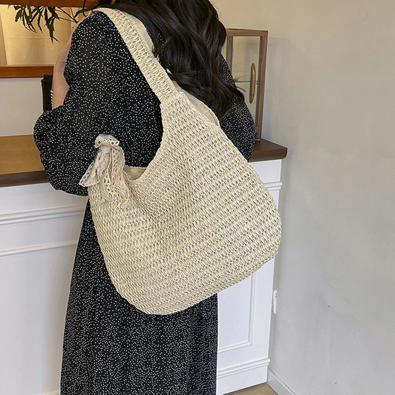 Fashion Straw Women Shoulder Bags Paper Woven Female Handbags Large Capacity Summer Beach Straw Bags Casual Tote Purses