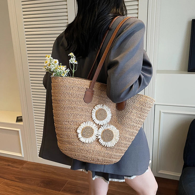 Woven Women Handbag Large Capactity Basket Summer Beach Bag Shopper Tote Ladies Travel Shoulder Underarm Bags
