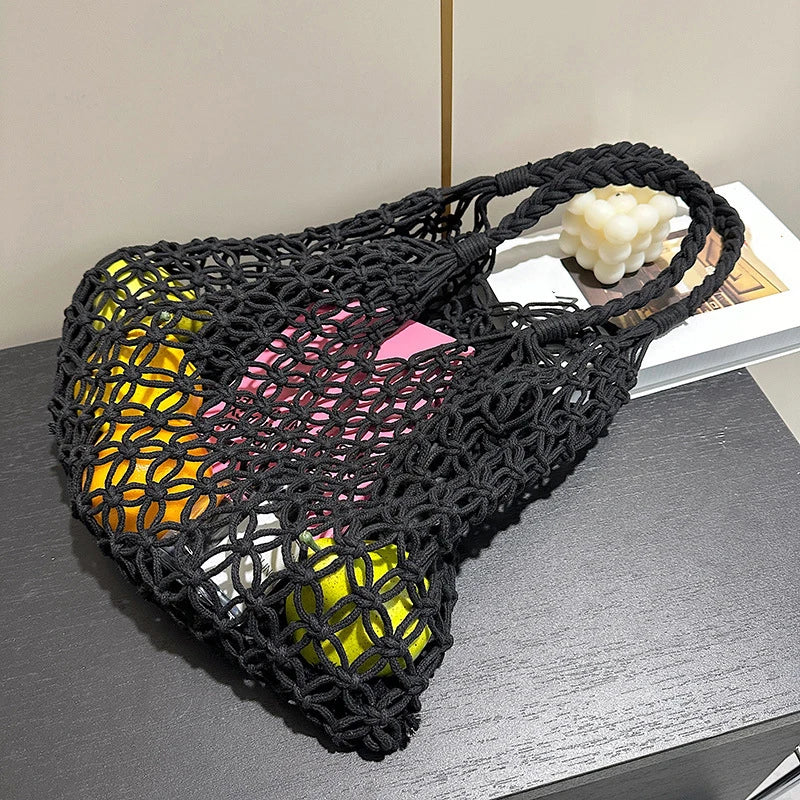 Women Bag Bucket Cotton Beach Bag Bag Casual Hollow Out Solid Soft High-Capacity Shoulder Bag Travel Handbag