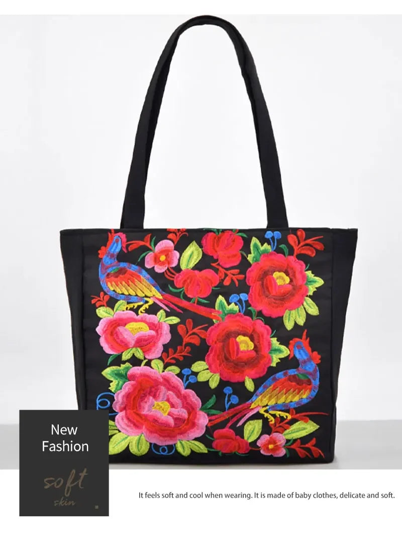 Ethnic Style Embroidery Shoulder Bag Large Capacity Literary Canvas Bag Retro Peony Tote Shopping Bag