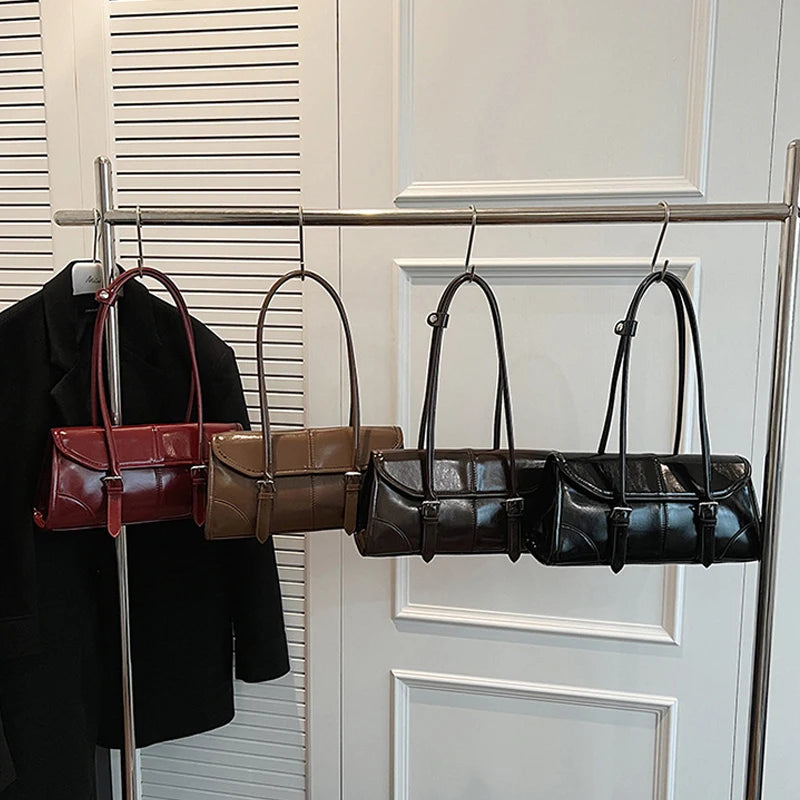 High End Burgundy Oil Wax PU Leather Underarm Bag Elegant Women's Magnetic Buckle Shoulder Bag Commuter Versatile Ladies Tote Ba