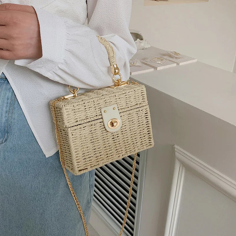 Summer Box Small Purse and Handbags For Women Rattan Straw Woven Crossbody Shoulder Bags Female Fashion Chain Travel Beach Bags