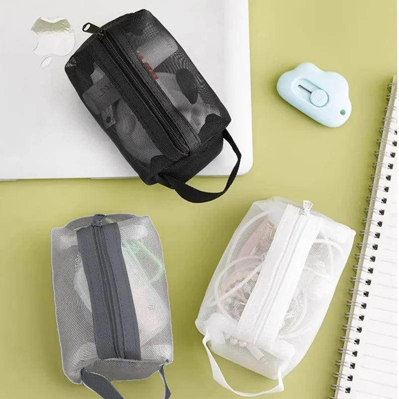 Mini Clear Nylon Mesh Cosmetic Bags Cute Women Small Lipstick Makeup Bags Pouch Data Line Key Earphone Organizer Case