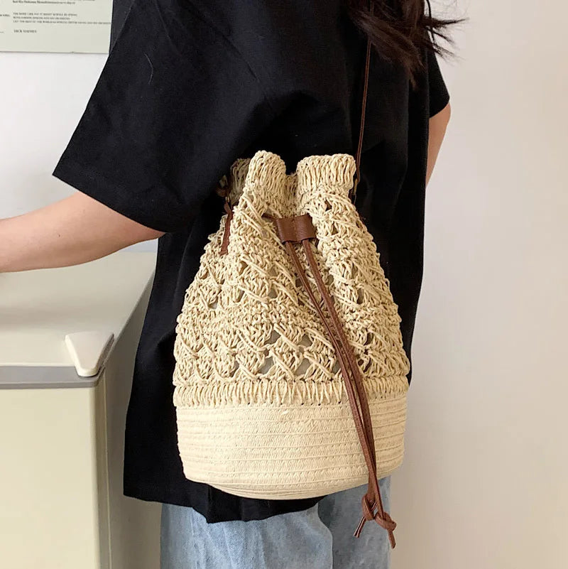 Handmade Women's Summer Straw Beach Shoulder Bag Woven Hollow Drawstring Shoulder Bags Knitted Fashion Female Design Travel Tote