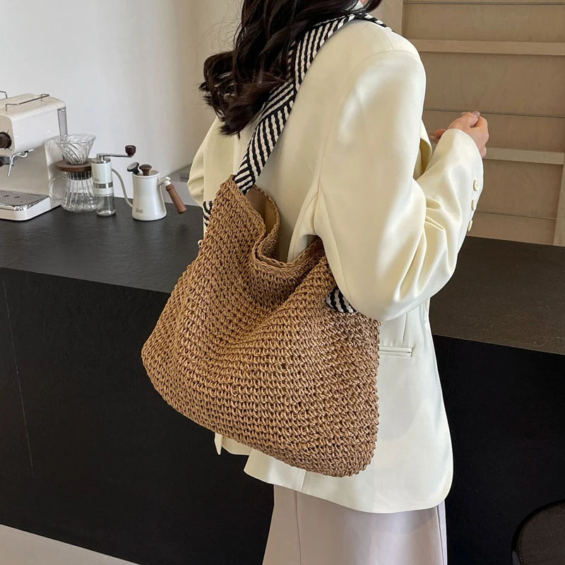 Big Capacity Straw Beach Bag Vintage Handmade Woven Shoulder Bag Raffia Rattan Handbag Bohemian Summer Vacation Crossbody Bags