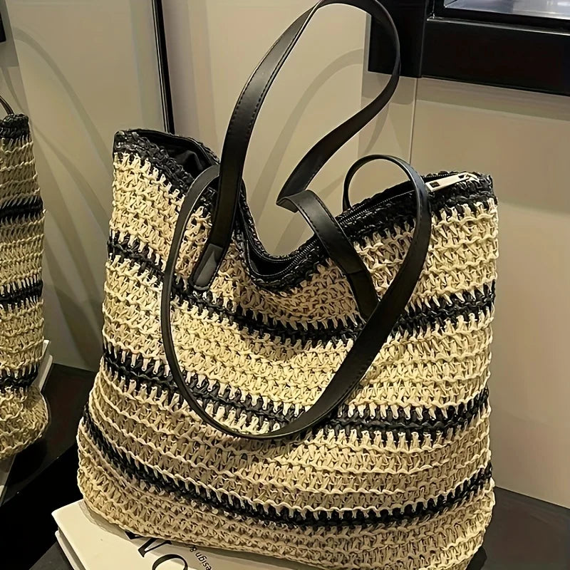 Large Boho Chic Striped Woven Tote Bag, Spacious Shoulder Beach & Shopping Bag for Women with Black and White Design, Beach Bag