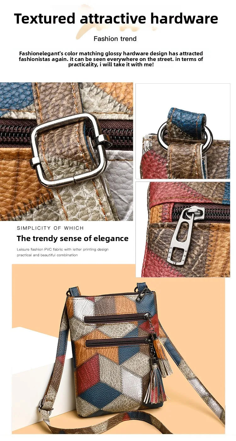Retro PU Soft Leather Multi Pocket Handbag Shoulder Bag with Color Blocking Plaid Tassel Cross Bags, Mobile Phone Messenger Bag
