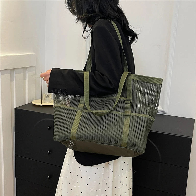 Portable Mesh Beach Bag For Women Makeup Travel Storage Wash Bag Summer Travel Swimming Bath Bag Organizer Shopper Totes