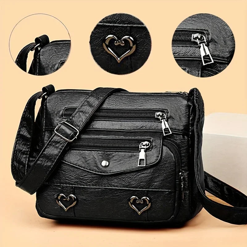 Versatile Multi Pocket Shoulder Bag, Women's Brown Black Leather Messenger Bag with Heart Tassel Embellishments Adjustable Strap