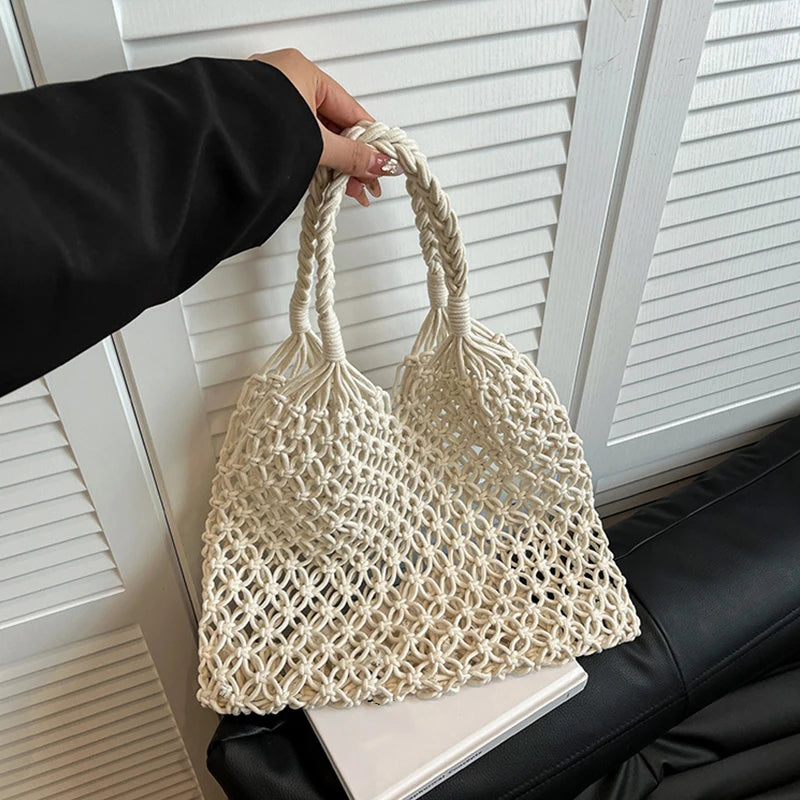 Hand-Woven Bag Women Handmade Hollow Handbag Female Shoulder Bag Big Capacity Summer Casual Travel Beach Tote Purse