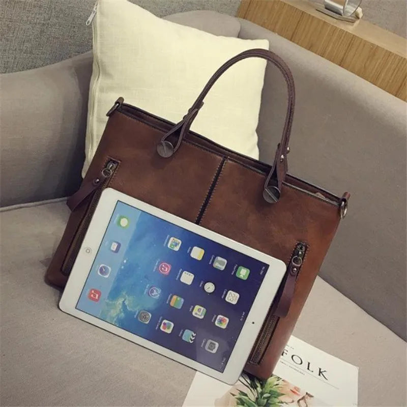 Europe America Retro Leather Handbag Shoulder Bag, Two Pocket Zipper Tote Bag, Classic Crossbody Bags for Women Work Business