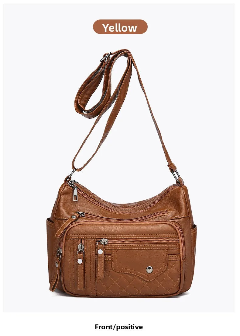 Fashionable Four Seasons Soft Leather Multi Pocket Cross Bags, Multi Layer Zipper Pouch Single Shoulder Bag for Women Daily Use