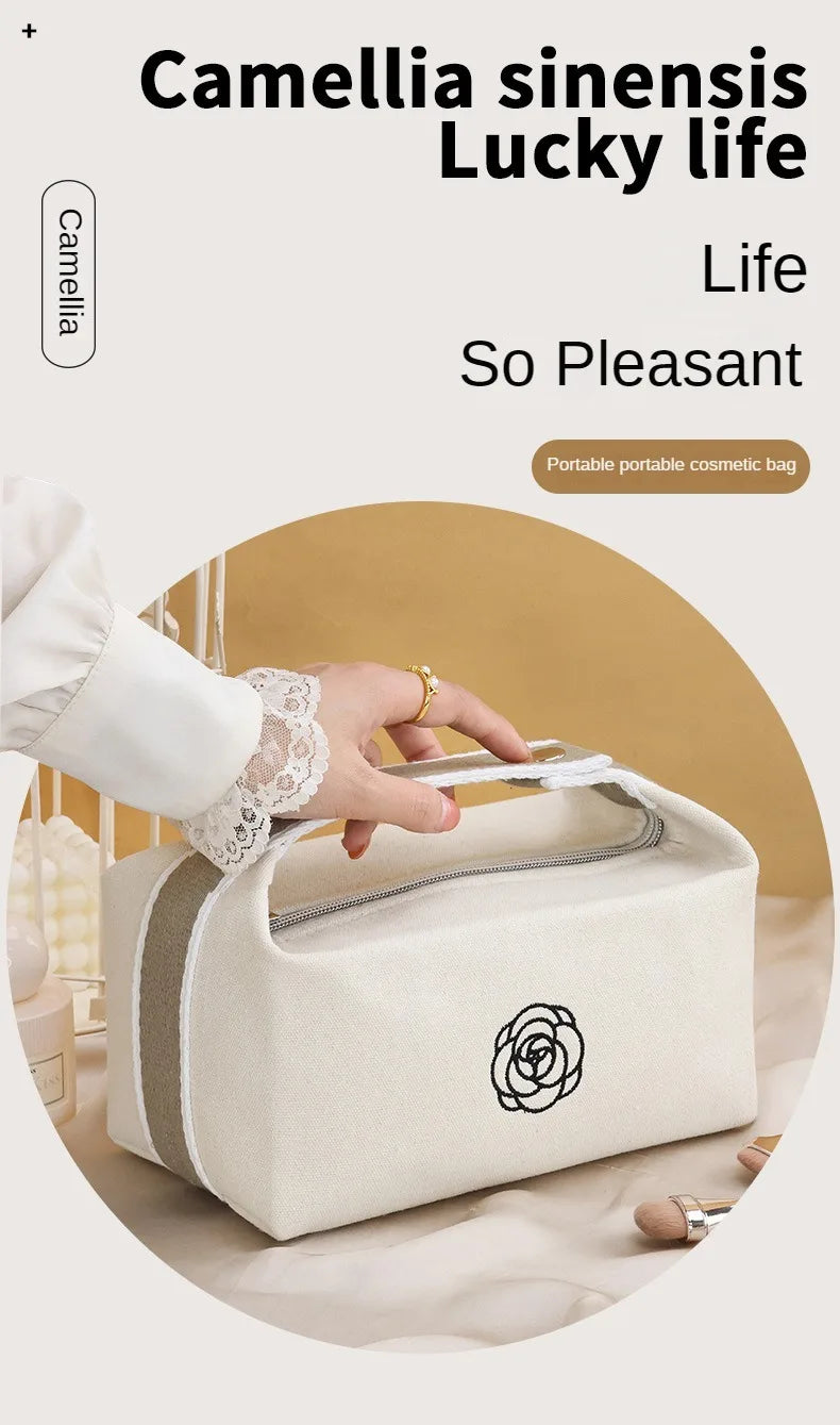 Premium Handheld Portable Camellia Canvas Makeup Bag for Travel Large Capacity Toiletries Cosmetics Skincare Storage Bag