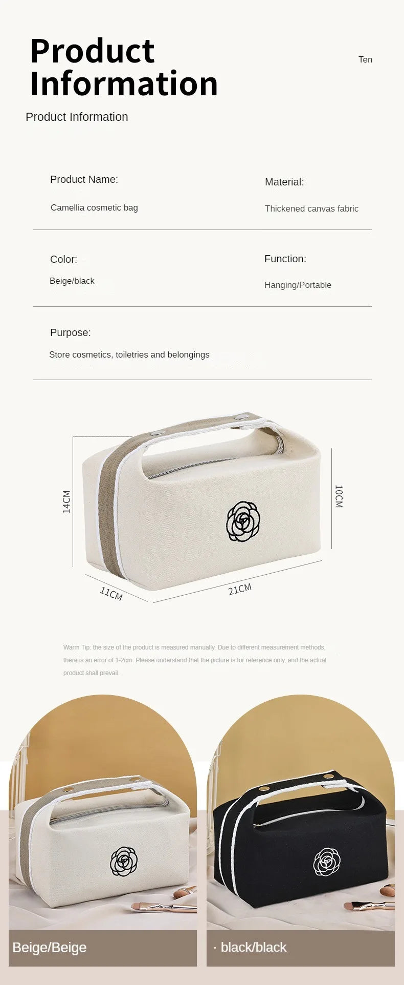 Premium Handheld Portable Camellia Canvas Makeup Bag for Travel Large Capacity Toiletries Cosmetics Skincare Storage Bag