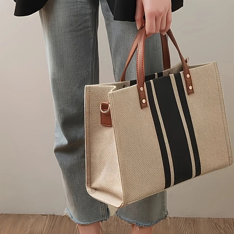 Stylish Women'S Canvas Tote Bag, Black Blue Striped Design Handbag Shoulder Bag for Work, School, Shopping, Beach Outings & Gym