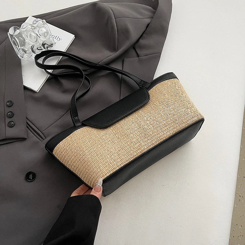Fashion Women Shoulder Bag PU Woven Patchwork Stick Bag Large Capacity Tote Bag New Casual Woven Contrasting Color Handbag