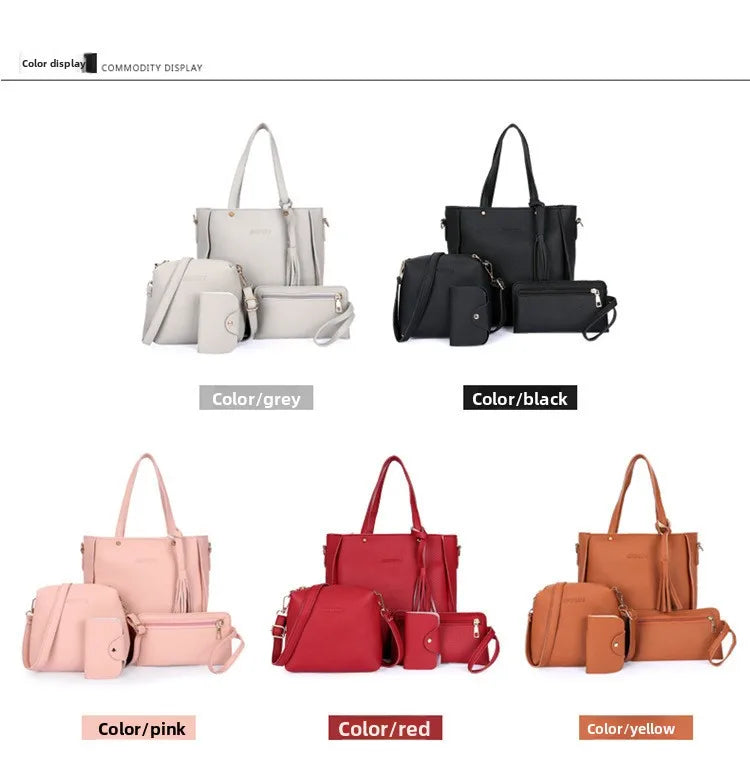 4pcs/set Tassel Bucket Women's Handbag Stylish Crossbody Bag Clutch and Wallet, Solid Color PU Shoulder Bags for Women Daily Use