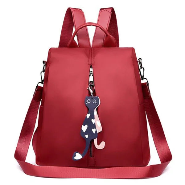 Solid Color Large Daypack for Female, Bagpack with Cat Pendant ,Women Simple Travel Shoulder Bags ,Multi-use Nylon Backpack