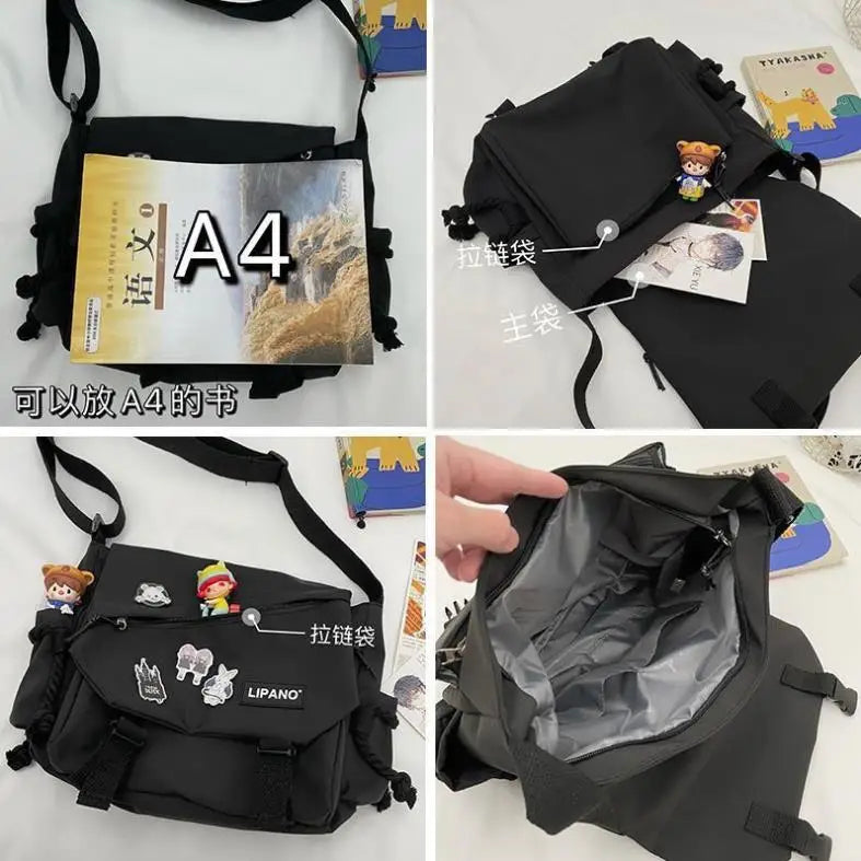 Fashion Unisex Large Capacity Shoulder Bag Japanese Harajuku with Badge Messenger Bag Teenage Student Crossbody Book Bags