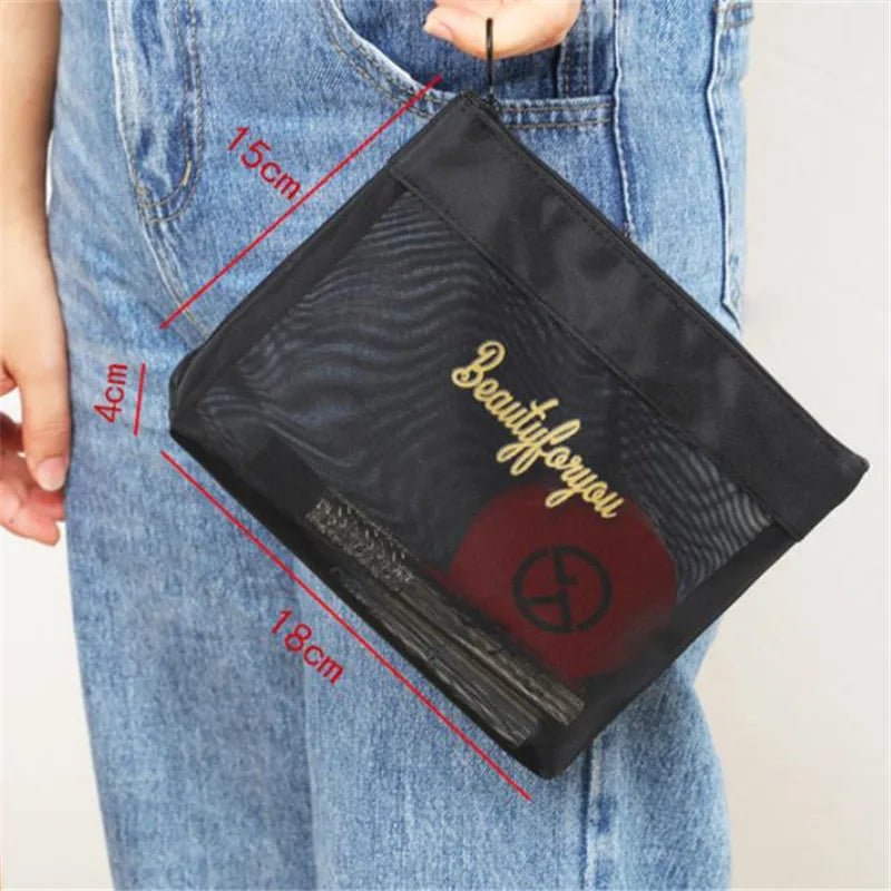 2pcs/set Chic Large Capacity Mesh Wash Bag Portable Travel Cosmetics Storage Bag Outdoor Beach Bath Tote Bag with Clutches Pouch