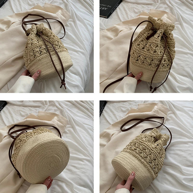 Handmade Women's Summer Straw Beach Shoulder Bag Woven Hollow Drawstring Shoulder Bags Knitted Fashion Female Design Travel Tote