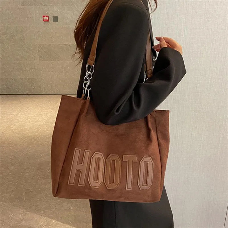 Stylish Tote Bag, Nubuck Pu Letter HOOTO Design for Women Handbag Shoulder Bag, Large Capacity Nylon leisure Travel Shopping Bag
