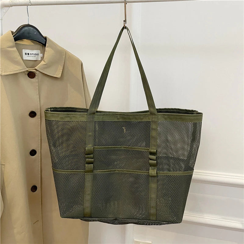 Portable Mesh Beach Bag For Women Makeup Travel Storage Wash Bag Summer Travel Swimming Bath Bag Organizer Shopper Totes