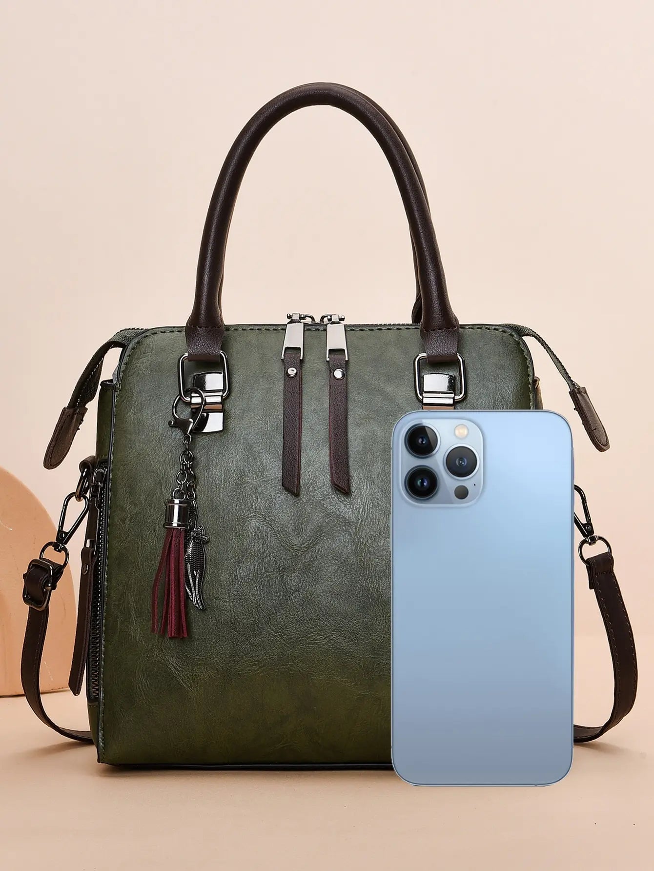 Retro women's handbag PU leather tassel top handle bag fashionable light luxury large capacity shoulder bag shopping bag