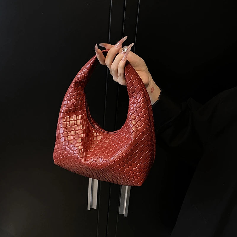 Women Classic Fashion Woven Embossed Hobo Soft PU Leather Small Top-handle Shoulder Bag Casual Daily Handbags