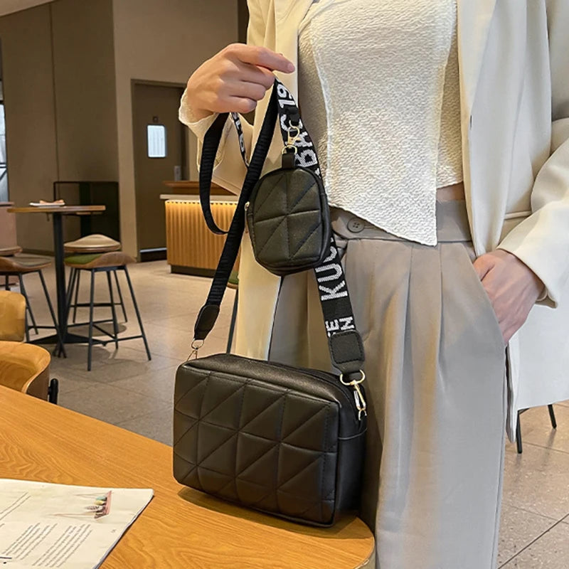 New Solid Color Diamond Plaid Son And Mother Fashion Shoulder Bag Trendy Letter Wide Shoulder Strap Crossbody Small Square Bag