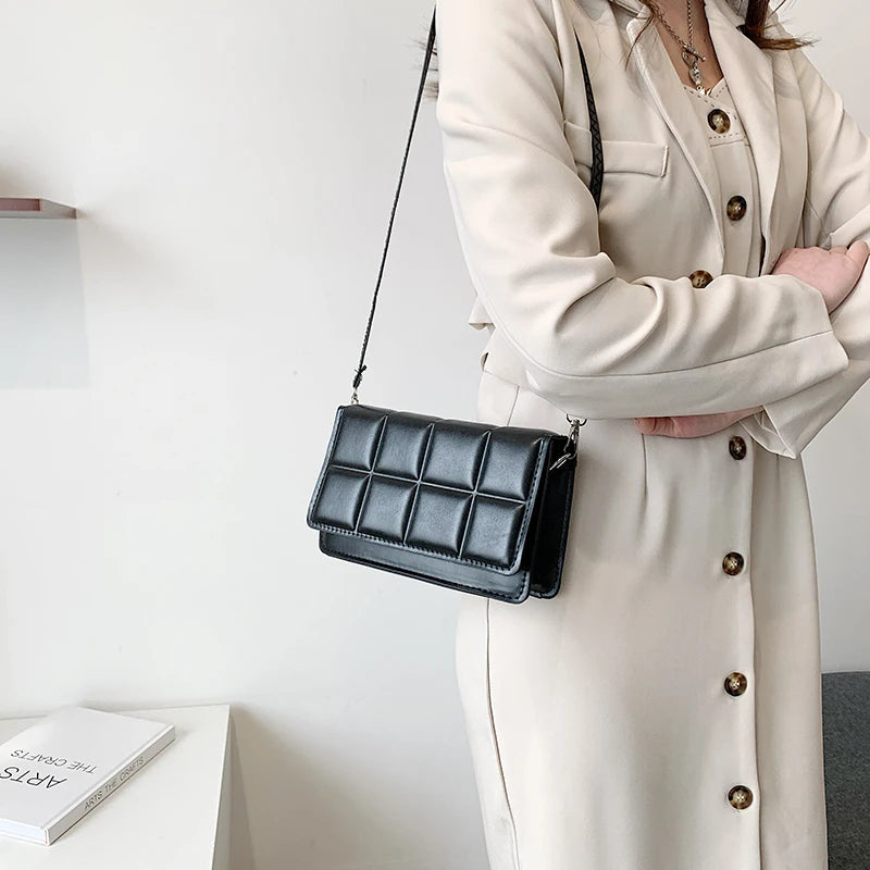 New Solid Color Fashion Shoulder Handbags Female Travel Messenger Bag Plaid Small PU Leather Crossbody Bags For Women