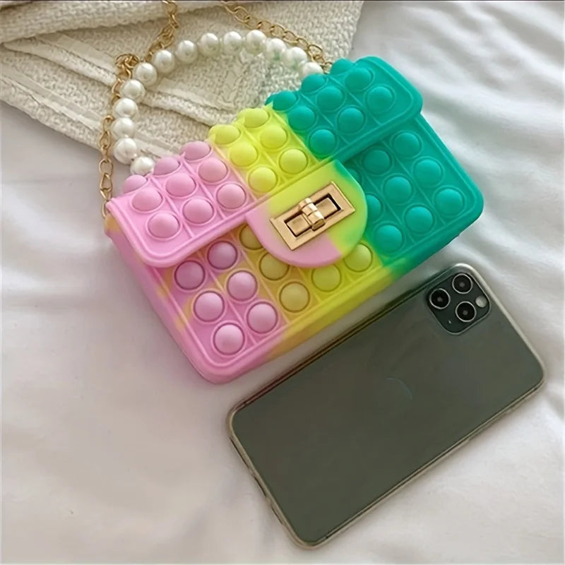 Silicone Love Bubble Jelly Bag, Popper Pressure Relieving Purse, Pop It Handbag With Faux Pearl Handle, Cute Chain Crossbody Bag