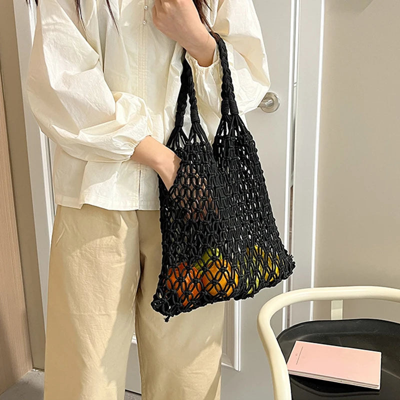 Women Bag Bucket Cotton Beach Bag Bag Casual Hollow Out Solid Soft High-Capacity Shoulder Bag Travel Handbag