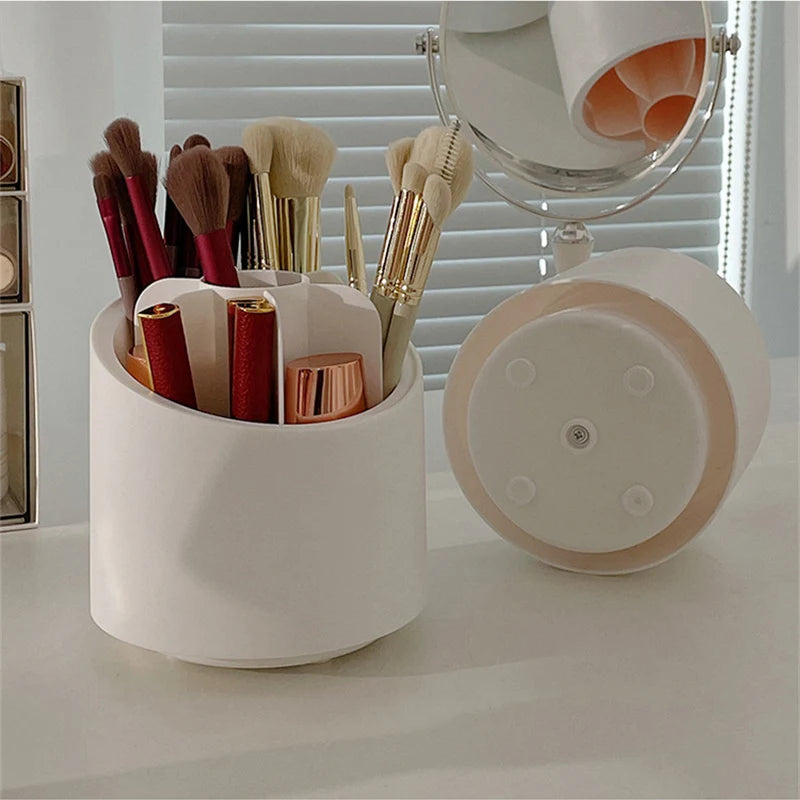 Desktop Cosmetic Brush Organizer 360° Rotating Makeup Brushes Holder 7 Grids Lipstick Eyebrow Pen Holder Eye Shadow Storage Box