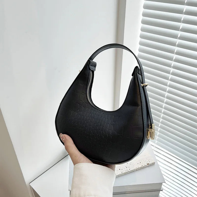 Half Moon Bag Vintage PU Leather Small Handbag Luxury Brands Women Shoulder Bags Retro Black Ladies Armpit Purses Girls Totes