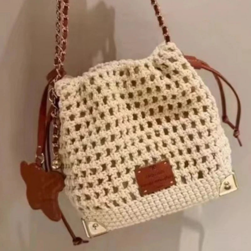 Chic Knit Crossbody Bags for Woman Bucket Bag with Adjustable Strap Weaving Handbag Shoulder Messenger Bag with Polyester Lining