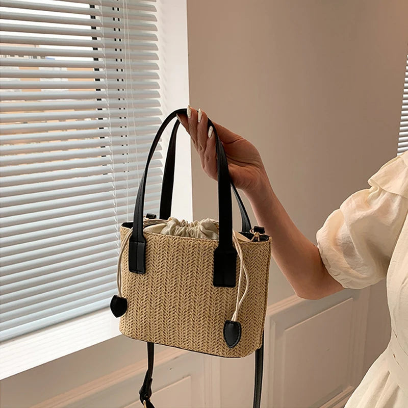 Knit Travel Bags Straw Woven Beach Bag Wrist Pack Women Handle Female Bucket Tote Bags Rattan Ladies Purses Handbag