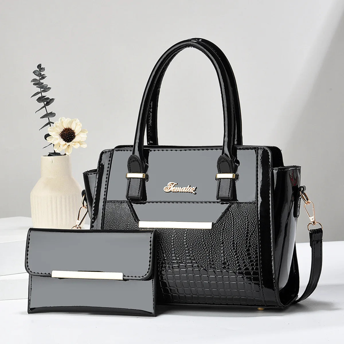 Casual shoulder women's bag simple large-capacity mother and child bag bright leather fashion portable two-piece bag