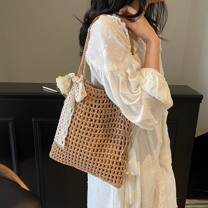 Summer Hollow Woven Shoulder Bags Women's New Casual Beach Bag Versatile Lace Design Commuting Shoulder Tote Bag
